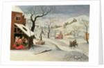 Flight into Egypt in a winter landscape by Abel Grimmer or Grimer
