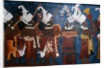 Reproduction of a mural showing servants and musicians during a ceremony by Mayan Mayan
