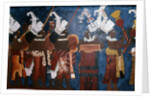 Reproduction of a mural showing servants and musicians during a ceremony by Mayan Mayan