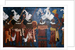 Reproduction of a mural showing servants and musicians during a ceremony by Mayan Mayan
