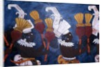 Reproduction of a mural showing musicians with rattles during a ceremony by Mayan Mayan