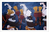 Reproduction of a mural showing musicians with rattles during a ceremony by Mayan Mayan