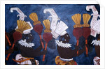 Reproduction of a mural showing musicians with rattles during a ceremony by Mayan Mayan