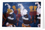 Reproduction of a mural showing musicians with rattles during a ceremony by Mayan Mayan
