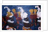 Reproduction of a mural showing musicians with rattles during a ceremony by Mayan Mayan