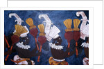Reproduction of a mural showing musicians with rattles during a ceremony by Mayan Mayan