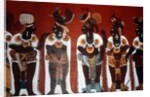 Reproduction of a mural showing noble men dressed for a ceremony by Mayan Mayan