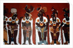 Reproduction of a mural showing noble men dressed for a ceremony by Mayan Mayan