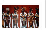 Reproduction of a mural showing noble men dressed for a ceremony by Mayan Mayan