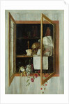 Vanitas still life seen through a trompe l'oeil window by Cornelis Norbertus Gijsbrechts