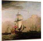The Second Duke of Albemarle's Ketch with a yacht to the left and three warships in the distance to the right by Willem van de the Younger Velde