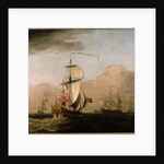 The Second Duke of Albemarle's Ketch with a yacht to the left and three warships in the distance to the right by Willem van de the Younger Velde