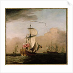 The Second Duke of Albemarle's Ketch with a yacht to the left and three warships in the distance to the right by Willem van de the Younger Velde