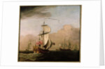 The Second Duke of Albemarle's Ketch with a yacht to the left and three warships in the distance to the right by Willem van de the Younger Velde
