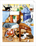 Grandma and 10 cats in the kitchen by Linda Benton