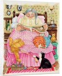 Grandma and 2 cats and a pink bed by Linda Benton