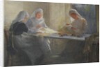 Kensington War Hospital Supply Depot, Three nurses sitting at a table sewing, c.1916 by Catherine Ouless