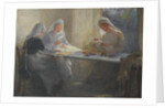 Kensington War Hospital Supply Depot, Three nurses sitting at a table sewing, c.1916 by Catherine Ouless