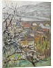 View across an orchard over a bridge and estuary by Arthur Haythorne Studd