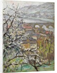 View across an orchard over a bridge and estuary by Arthur Haythorne Studd