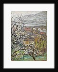 View across an orchard over a bridge and estuary by Arthur Haythorne Studd