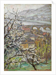View across an orchard over a bridge and estuary by Arthur Haythorne Studd