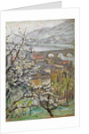 View across an orchard over a bridge and estuary by Arthur Haythorne Studd
