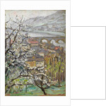 View across an orchard over a bridge and estuary by Arthur Haythorne Studd