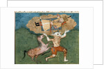 The white demon Akvan carries Rostam, son of Zal by School Persian