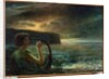 Full moon, Tribute to a feminine deity, playing lyre in a seascape with stormy sky by Plinio Nomellini