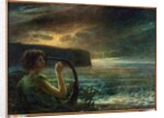 Full moon, Tribute to a feminine deity, playing lyre in a seascape with stormy sky by Plinio Nomellini