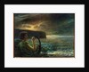Full moon, Tribute to a feminine deity, playing lyre in a seascape with stormy sky by Plinio Nomellini
