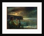 Full moon, Tribute to a feminine deity, playing lyre in a seascape with stormy sky by Plinio Nomellini