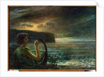 Full moon, Tribute to a feminine deity, playing lyre in a seascape with stormy sky by Plinio Nomellini