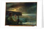 Full moon, Tribute to a feminine deity, playing lyre in a seascape with stormy sky by Plinio Nomellini