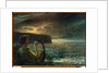 Full moon, Tribute to a feminine deity, playing lyre in a seascape with stormy sky by Plinio Nomellini