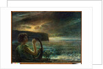 Full moon, Tribute to a feminine deity, playing lyre in a seascape with stormy sky by Plinio Nomellini