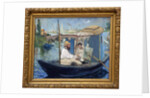 Claude Monet painting in his workshop or Monet on his boat. Painting by Edouard Manet by Edouard Manet