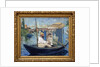 Claude Monet painting in his workshop or Monet on his boat. Painting by Edouard Manet by Edouard Manet