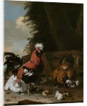 A Bantam Cockerel with Hens and Chicks in a Farmyard by Melchior de Hondecoeter