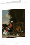 A Bantam Cockerel with Hens and Chicks in a Farmyard by Melchior de Hondecoeter