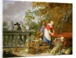 A Maid Washing Carrots at a Fountain with Two Gardeners at Work by Nicolaas or Nicolaes Muys