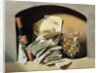 A trompe l'oeil of paper money, coins and a broken glass jar in a niche by French School