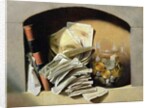 A trompe l'oeil of paper money, coins and a broken glass jar in a niche by French School