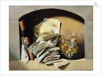 A trompe l'oeil of paper money, coins and a broken glass jar in a niche by French School