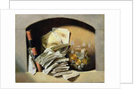 A trompe l'oeil of paper money, coins and a broken glass jar in a niche by French School