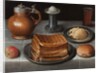 Waffles and butter on pewter plates with an apple, roll, jug, standing salt, and a beer glass with prunts on a cloth-covered table by German School