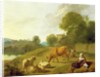 A River Landscape with Cattle, Sheep and a Young Girl Playing with a Dog by Simon van der Does