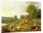 A River Landscape with Cattle, Sheep and a Young Girl Playing with a Dog by Simon van der Does