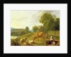 A River Landscape with Cattle, Sheep and a Young Girl Playing with a Dog by Simon van der Does